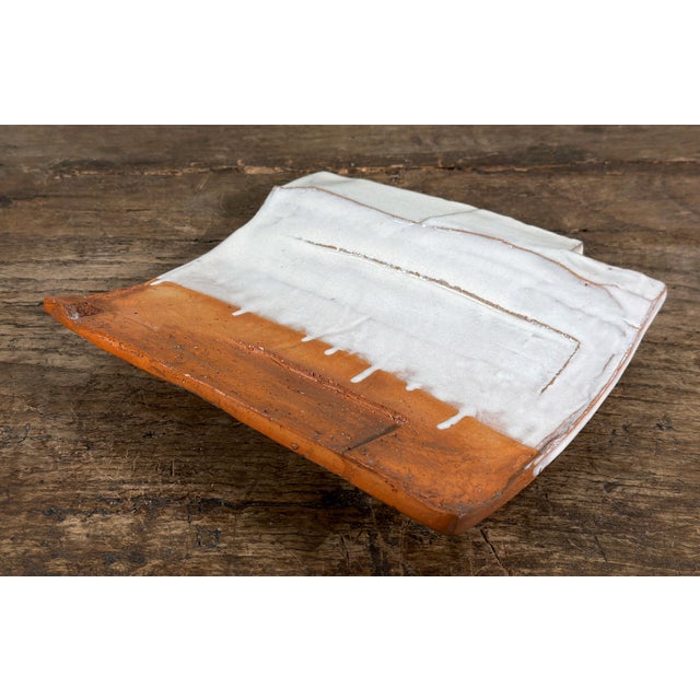 Vintage Brutalist / Organic Modern Studio Pottery Dish With White and Brown Glazes For Sale - Image 4 of 8