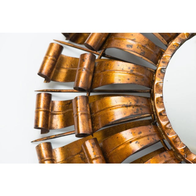 1950s 1950s Large Spanish Brutalist Backlit Gilt Sunburst Mirror or Ceiling Flush Mount For Sale - Image 5 of 13
