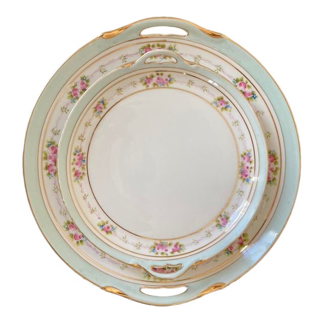Early 20th Century Hand Painted Nippon Porcelain Tray Design Cake Plates - Set of 2 For Sale