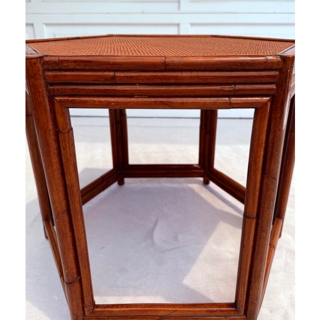 Vintage Asian Chinoiserie Hexagon Faux Bamboo and Rattan Side Table For Sale - Image 10 of 11