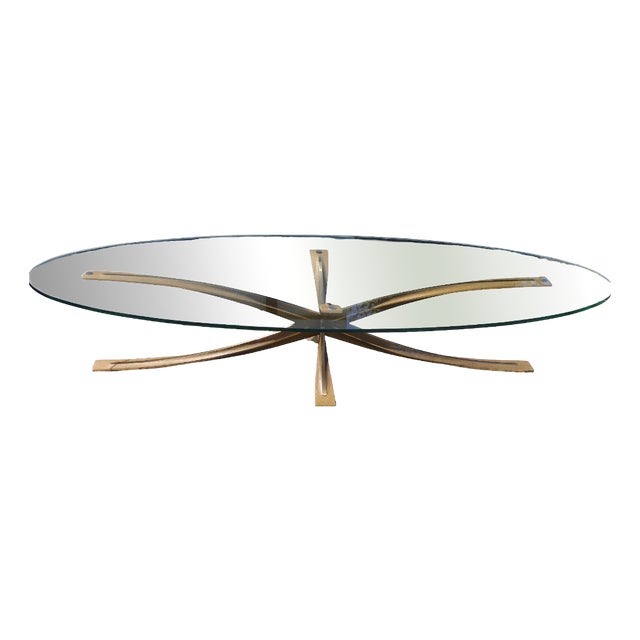 Oval Coffee Table in Bronze and Glass by Michel Mangematin, 1960 For Sale
