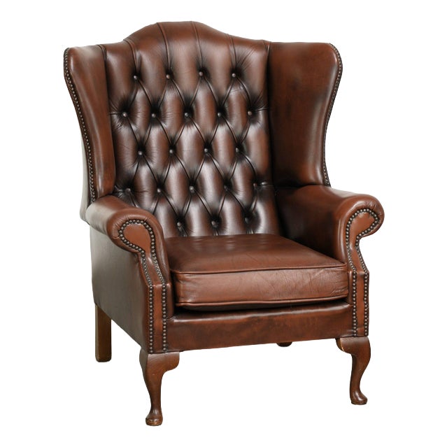English Brown Cowhide Chesterfield Wing Lounge Chair For Sale