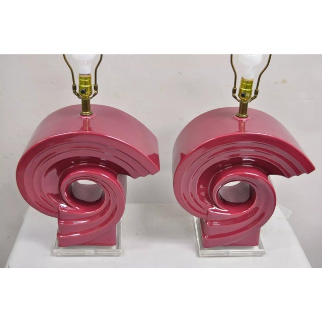 Late 20th Century Vintage Postmodern Cranberry Red Sculptural Snail Scroll Ceramic Table Lamp Pair For Sale - Image 5 of 12