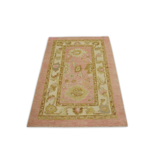 Early 21st Century Pink & Yellow Floral Design Handwoven Wool Turkish Oushak Rug 3' X 4'6" For Sale - Image 4 of 6