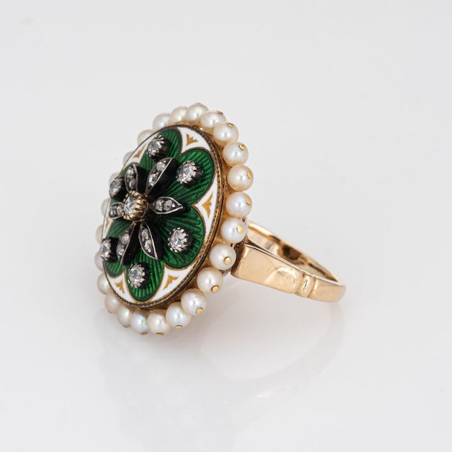 Mid-Century Modern Vintage Diamond Pearl Ring Green Enamel Large Round Cocktail 14k Gold Sz 5 For Sale - Image 3 of 6