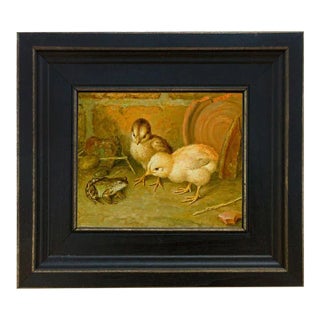 Chicks and Frog Framed Oil Painting Print on Canvas in Distressed Black Wood Frame For Sale