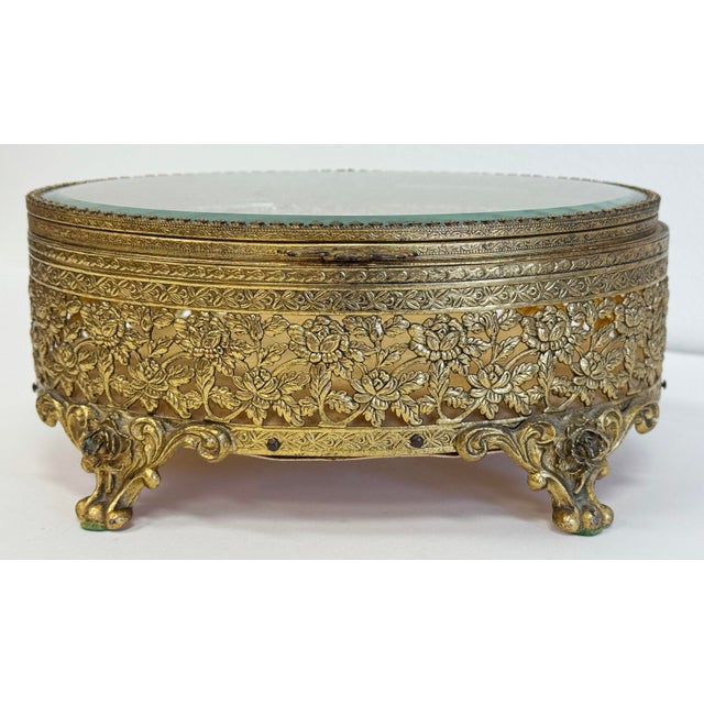 French Vintage Oversized Pierced Brass Ormolu Jewelry Box For Sale - Image 3 of 12