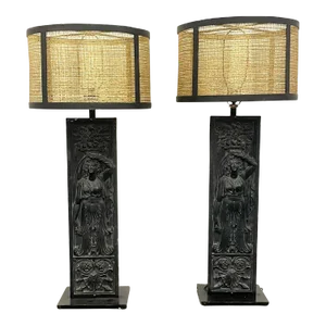 Pair of Giacometti Style Palatial Table Lamps, Custom Shades, Grecian, Metal