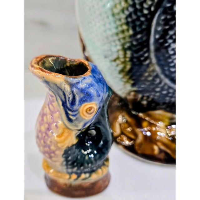 Mid 20th Century Majolica Blue & Tortoise Ceramic Fish Pitcher and Mini Accent Vase – 2-Piece Set For Sale - Image 10 of 14