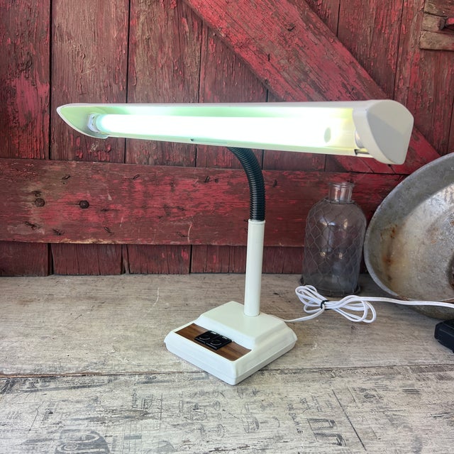 Antique White Vintage Adjustable Desk Lamp With Fluorescent Light & Wood Accent For Sale - Image 8 of 9