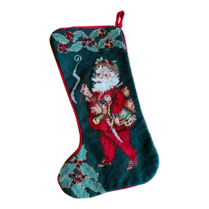 1990s Wool Needlepoint and Red Velvet Father Christmas Stocking