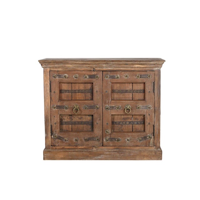 Indian Cabinet/Buffet Constructed From Antique Indian Carved Teakwood and Brass Door Panels and Reclaimed Wood For Sale - Image 3 of 5