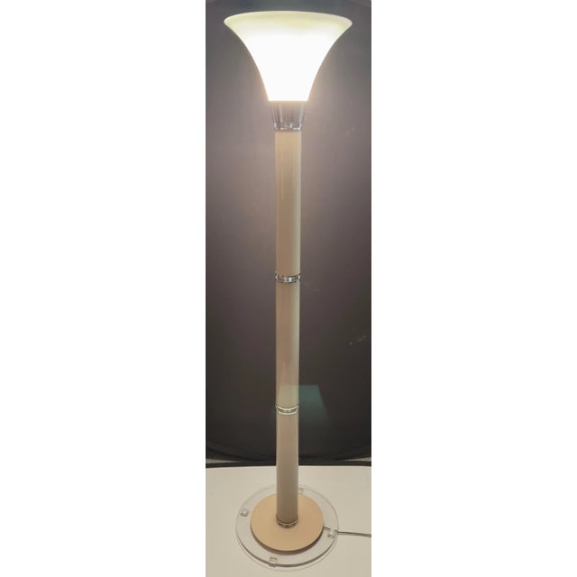 A Mid-Century Modern torchiere floor lamp inspired by the timeless designs of Karl Springer (German 1931-1961). This...