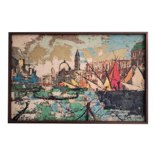 Large Mid-Century Venetian Canal Scene With Gold Leaf, Signed L. Lefevre For Sale