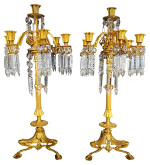 19th Century Bronze and Crystal Candelabra: Gilded Elegance and Wheel-Cut Crysta, 1880s