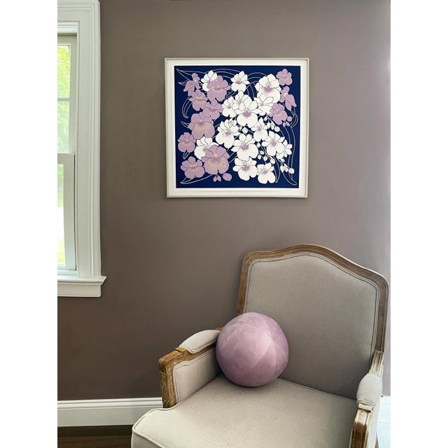 Contemporary Orchid Cascade, Hand Silk-Screened Framed Botanical Art Print, Indigo Blue and Mauve For Sale - Image 3 of 4