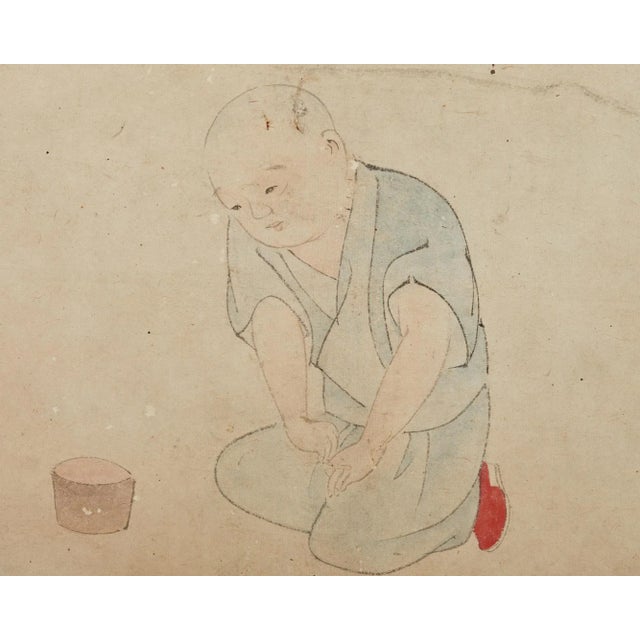 Tan Japanese Edo Two Panel Screen Children Playing Catching Fish For Sale - Image 8 of 12