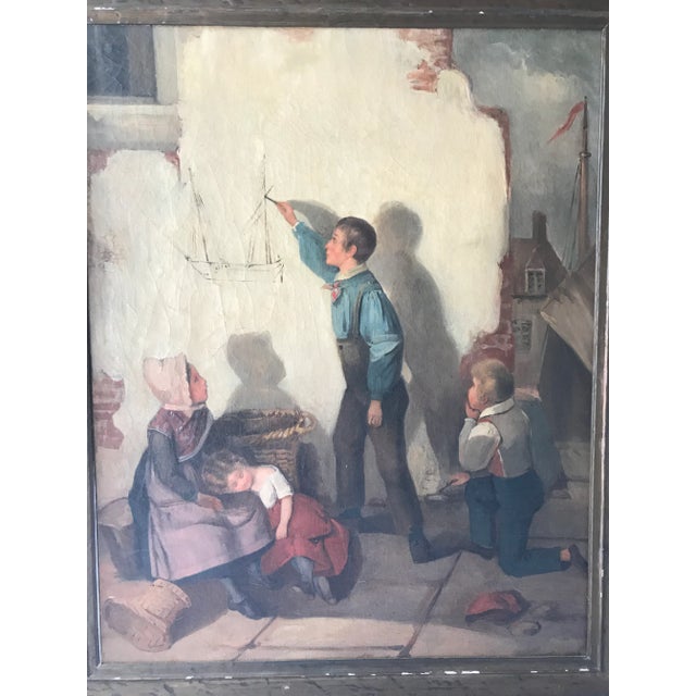 Wonderful fun painting from the late 1800's of a young boy painting a tall ship on a wall. The stages of graffiti!...