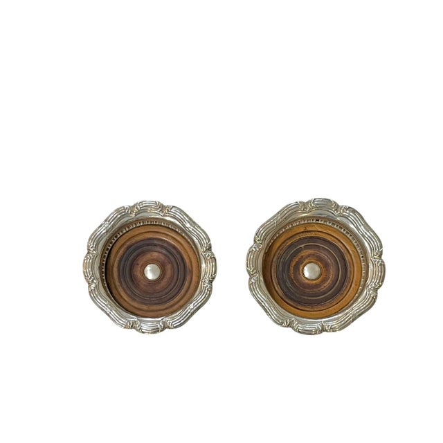 Silver Early 20th Century Pair Antique English Silver Plate and Wood Wine Bottle Coasters For Sale - Image 8 of 13