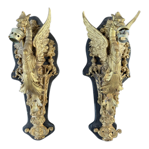 Late 20th Century Pair of Vintage Gilt Bronze Fiery Dragon Wall Light Sconces With Wood Base 18.25 X 6.75"x6"