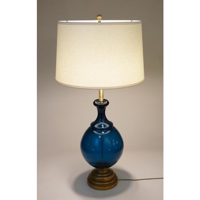 Xlarge Marbro Thick Blown Murano Italy Ultramarine Art Glass Brass Table Lamp 1960's Blenko For Sale - Image 10 of 12
