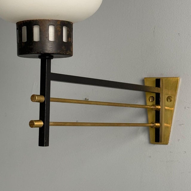 Metal Italian Mid-Century Modern, Wall Sconces, Patinated Brass, Opaline Glass, 1950s For Sale - Image 7 of 10