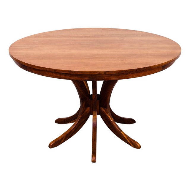 Restored Mid Century Modern Round Walnut Pedestal Base Dining Table For Sale