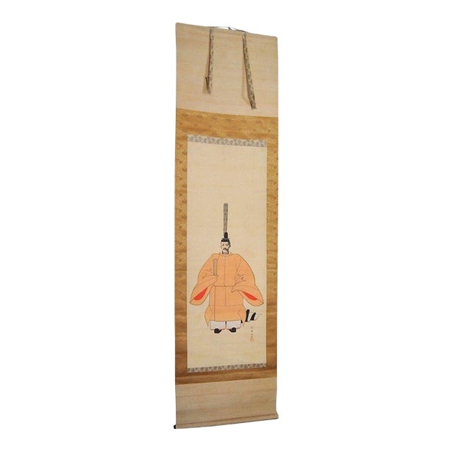 Japanese Emperor Taisho Scroll Ink on Silk Signed Gilt Laquered Wood Rollers For Sale