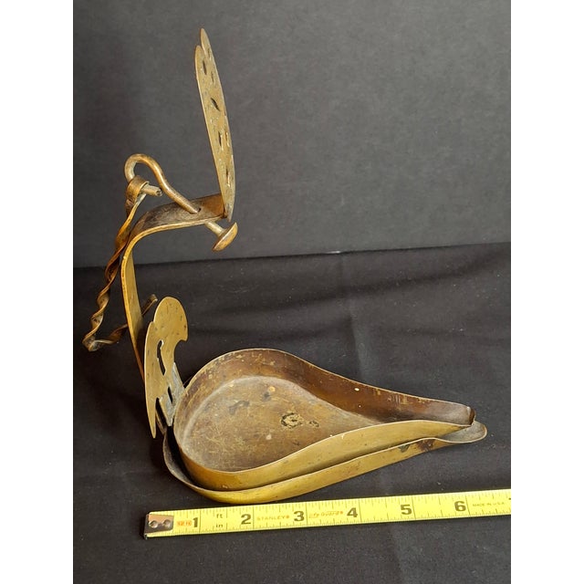 Rustic European 18th C Rare Museum Grade Antique Brass Double Crusie Phoebe Lamp Huge 8.5" Pierced Backplate Marked For Sale - Image 3 of 16