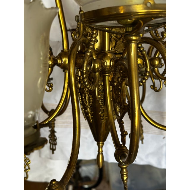 1900 - 1909 Vintage 12 Light Brass Gas Fixture With Stencil Etched Shades For Sale - Image 5 of 8
