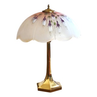 Brass Table Lamp with Hand-Painted Satin Glass Shade, Italy, 1980s For Sale