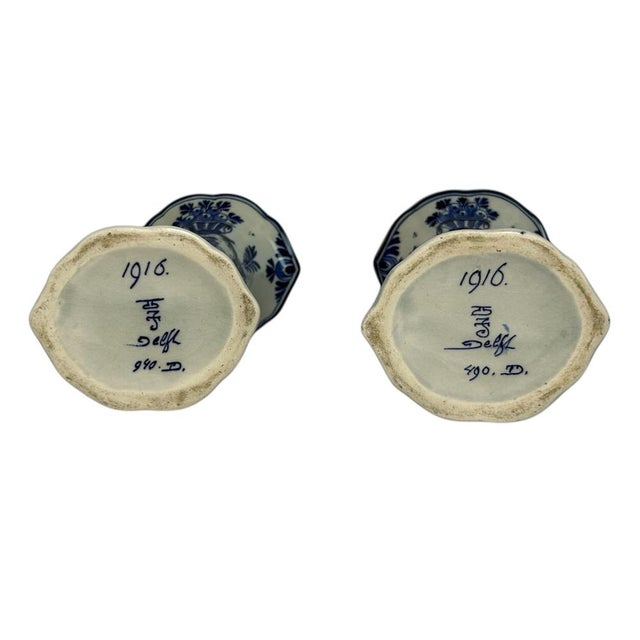 Blue Antique Royal Delft Hand-Painted Floral Trumpet Vases by l.g.n. Ten Dam, 1916, Set of 2 For Sale - Image 8 of 9