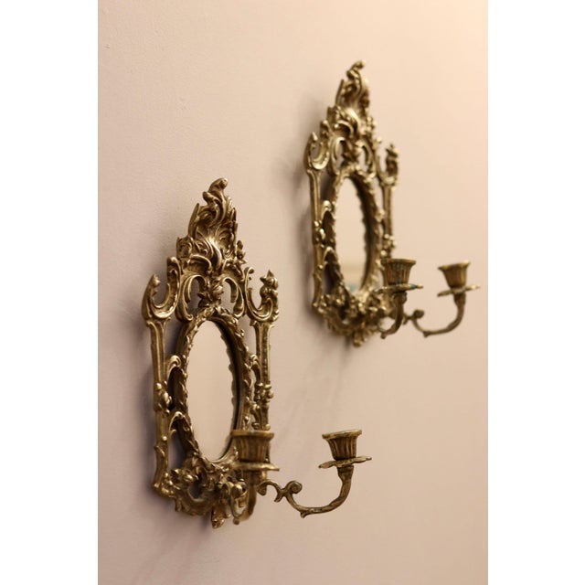 Antique Brass Sconces with Mirrors, Set of 2 For Sale - Image 4 of 10