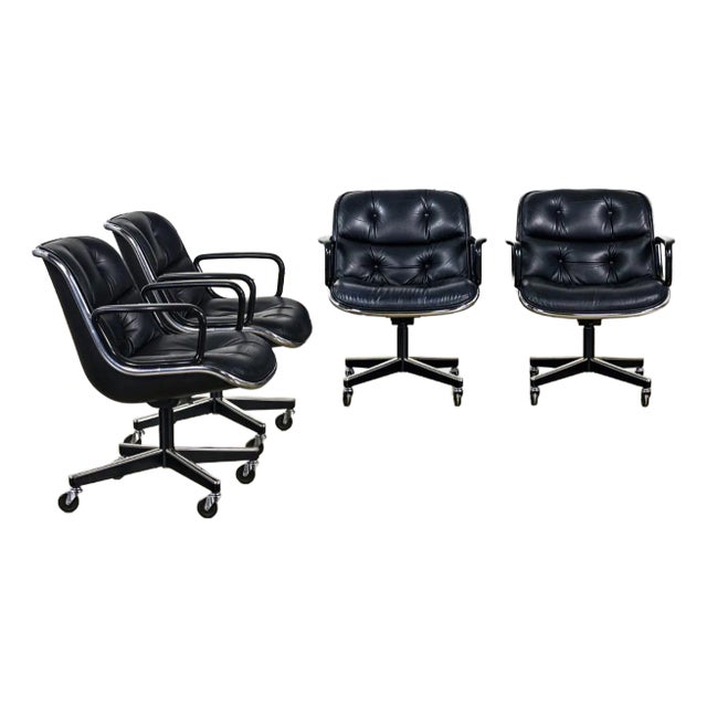 MCM to Modern Set of 4 Executive Armchairs by Charles Pollock for Knoll Black Leather & 4 Prong Swivel Base For Sale