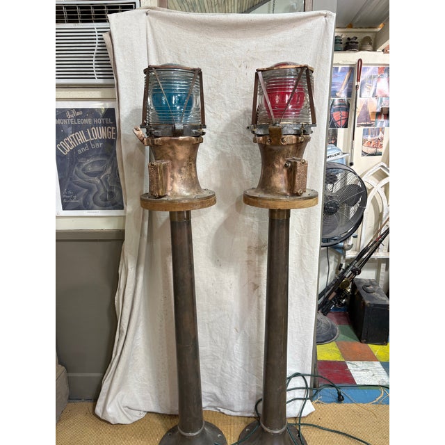 Mid 20th Century Mid 20th Century Rare Wallace & Tiernan Marine / Pair of Maritime Navigation Lights Made Floor Lamps - Nautical Beach House Decor For Sale - Image 5 of 12
