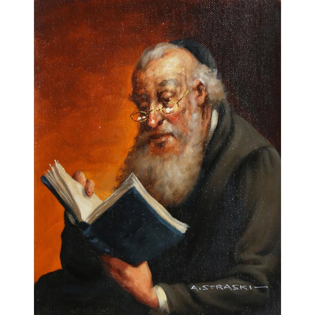 Rabbi Reading 2, Abraham Straski Oil on Canvas, Signed Bottom Right For Sale