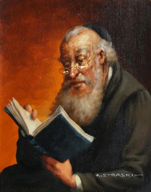 Rabbi Reading 2, Abraham Straski Oil on Canvas, Signed Bottom Right