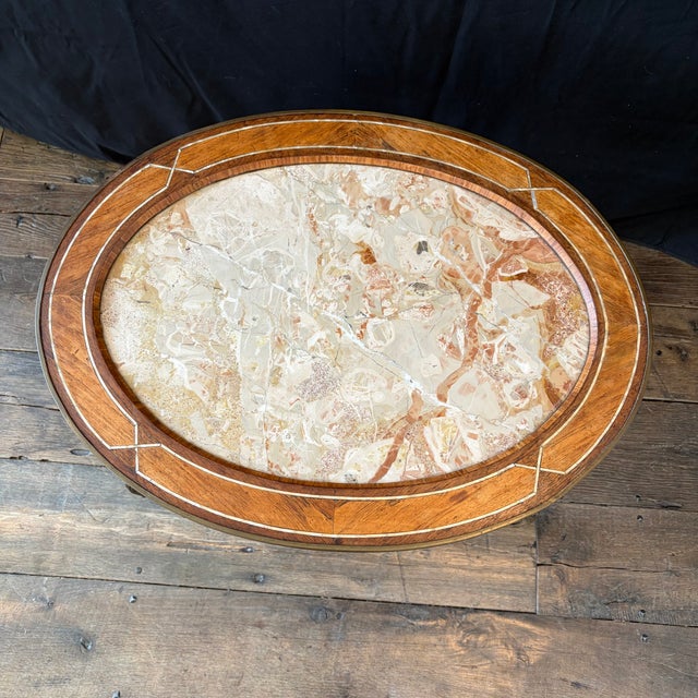 Antique French Louis XV Marquetry Oval Marble Top Coffee Table For Sale In Portland, ME - Image 6 of 10