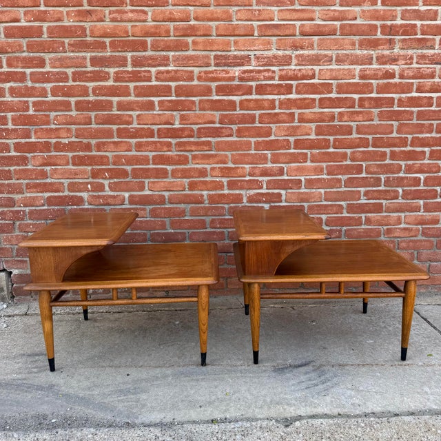 Mid 20th Century Pair of Vintage Lane "Acclaim" Walnut Two-Tier Step End Tables For Sale - Image 5 of 11