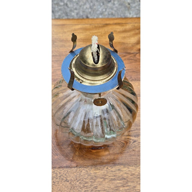 Transparent Vintage Limited Edition Clear Ribbed Glass Oil Lamp With Chimney & Brass Gallery For Sale - Image 8 of 11