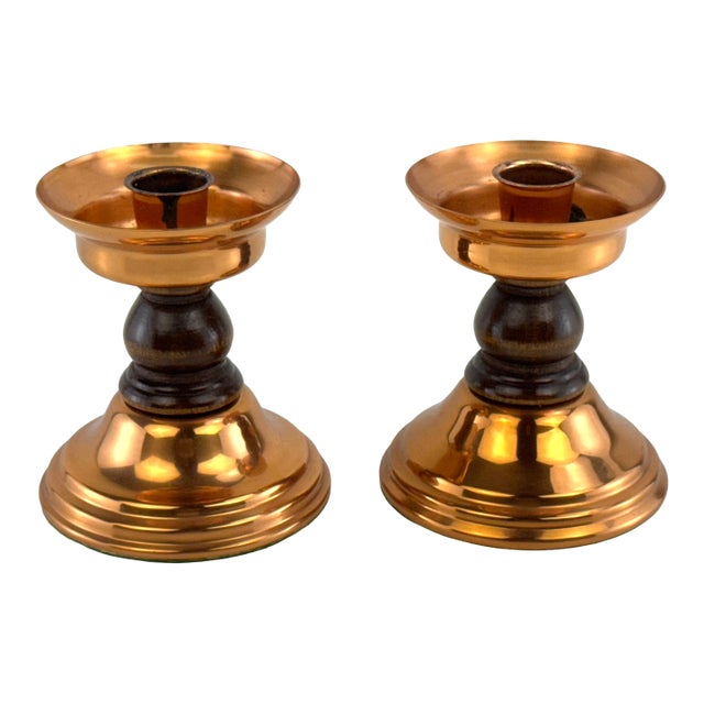 Vintage Coppercraft Guild Launton Mass. Copper and Turned Walnut Candleholders – A Pair For Sale