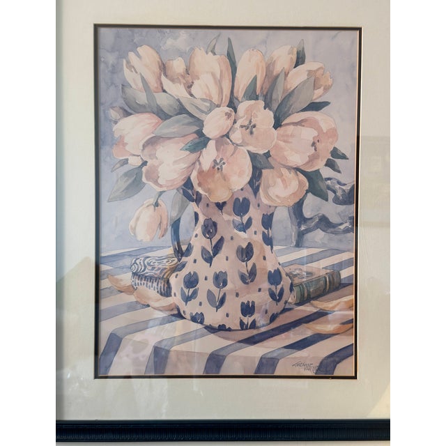 Printmaking Materials Vintage Jerianne Van Dijk Oversized Framed Floral Lithograph – Pink Tulips in Delft Pitcher For Sale - Image 7 of 16