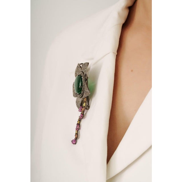 Gemstone Large Floral Emerald Brooch With Rubies, Sapphires & Diamonds in 925 Silver For Sale - Image 7 of 14