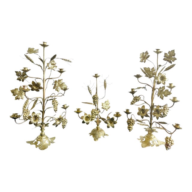 French 19th Century Antique Brass Altar Candelabra, Set of 3 For Sale