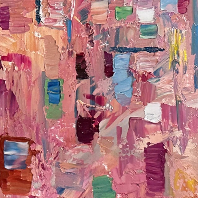 Patchwork Horizon 1 features a vibrant interplay of colors and textures, with bold strokes creating an abstract cityscape...