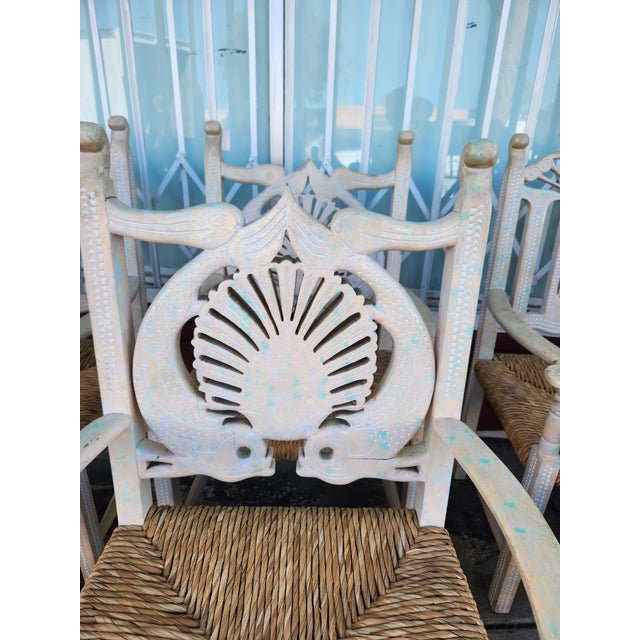 Baby Blue Set of 6 Vintage Carved Nautical and Celestial Armchairs With Rush Seats For Sale - Image 8 of 10