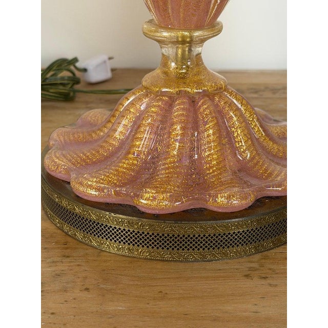 Mid 20th Century Murano Pink and Gold Glass Table Lamps W/ Coordinating Parchment Shades - a Pair For Sale - Image 16 of 16