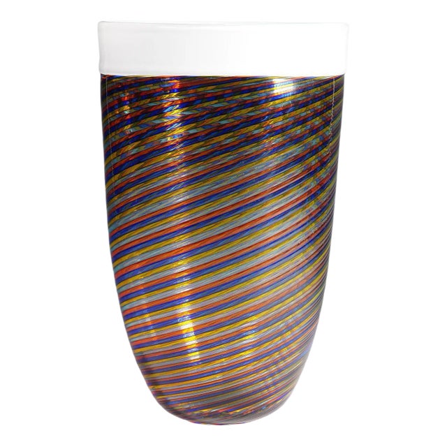 Large Filigrana Art Glass Vase with Multicoloured Bands from Cenedese For Sale