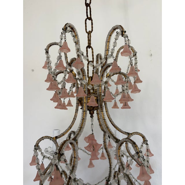1930s French Beaded Pink Murano Flower Bells Chandelier, Circa 1930 Extremely Rare For Sale - Image 5 of 6