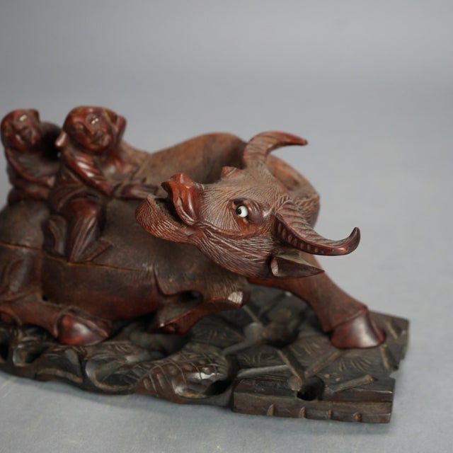 Chinese Antique Chinese Carved Wood Sculpture of Water Buffalo with Figures, Circa 1920 For Sale - Image 3 of 10